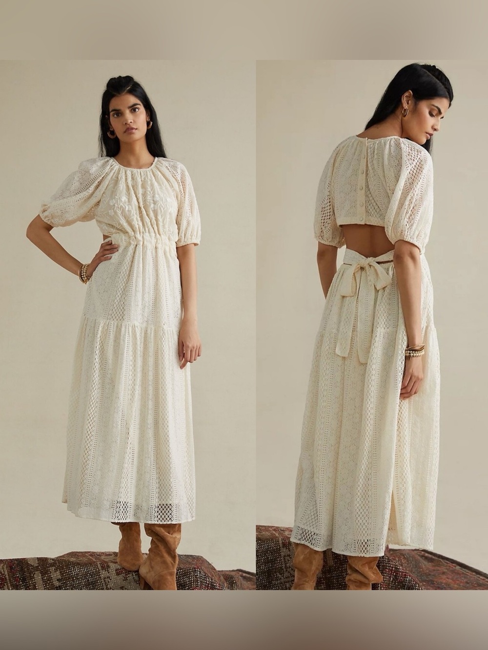 Anthropologie Agneza Lace Puff Sleeve Maxi Dress 6 Boho Cutout Bridal Romantic